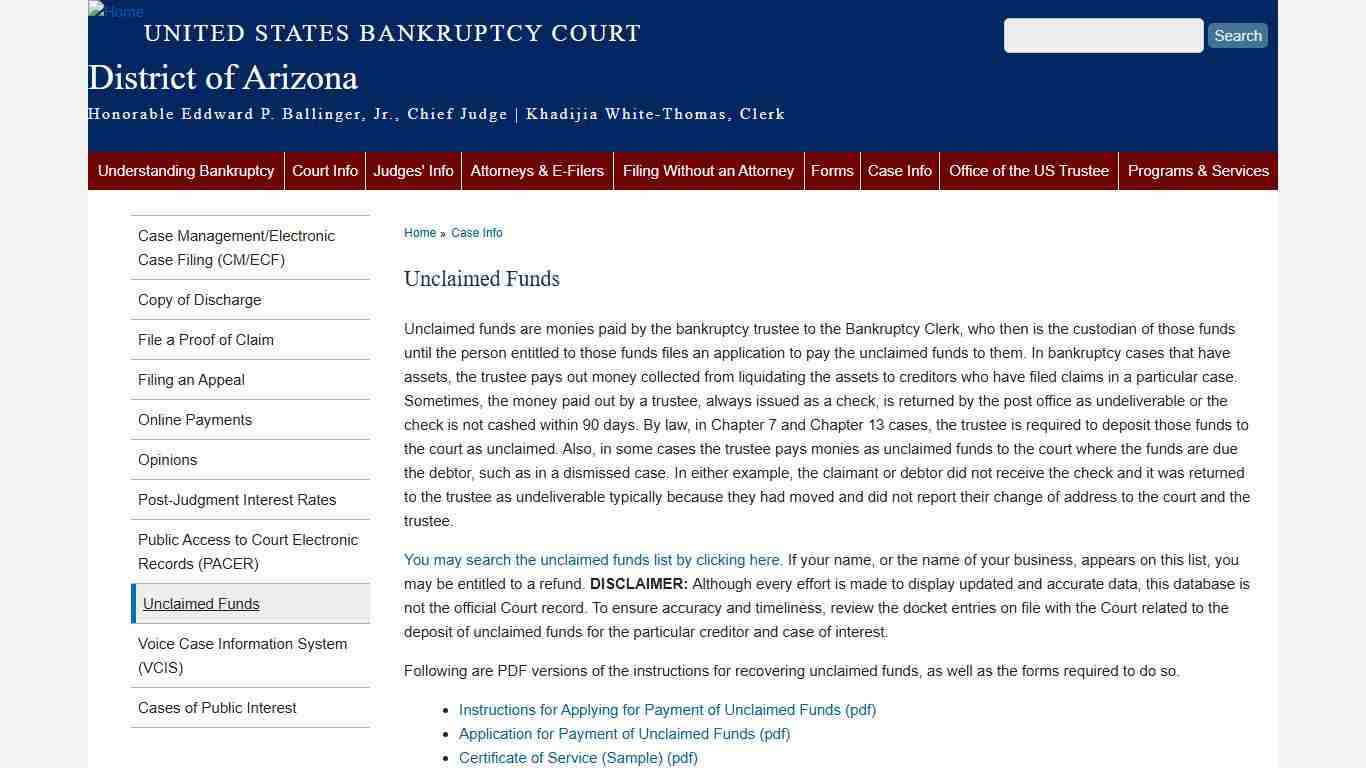 Unclaimed Funds | District of Arizona | United States Bankruptcy Court